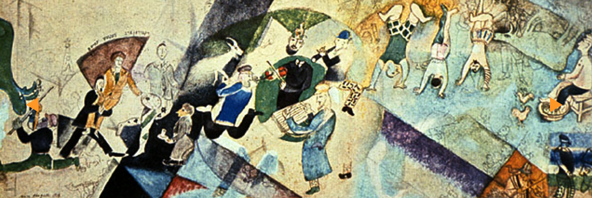 Marc Chagall: Mural in the Jewish State Theater, Moscow, USSR, 1917-1922. (Moscow, State Tretyakov Gallery)