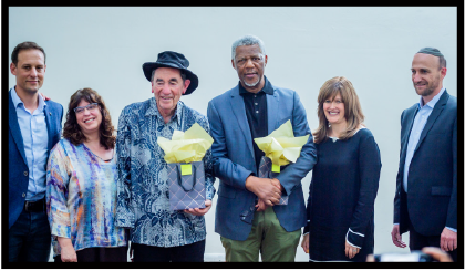 Freedom Seder, 15 April 2019. From left, Marc Pozniak, Prof Karen Milner, Judge Albie Sachs, Mvuso Msimang, Wendy Kahn, Shaun Zagnoev