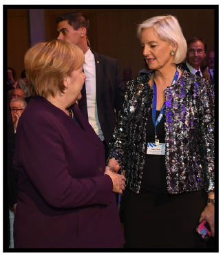 Mary Kluk with Angela Merkel, Chancellor of the Federal Republic of Germany, at a World Jewish Congress event in honour of Chancellor Merkel, 28 October 2019.