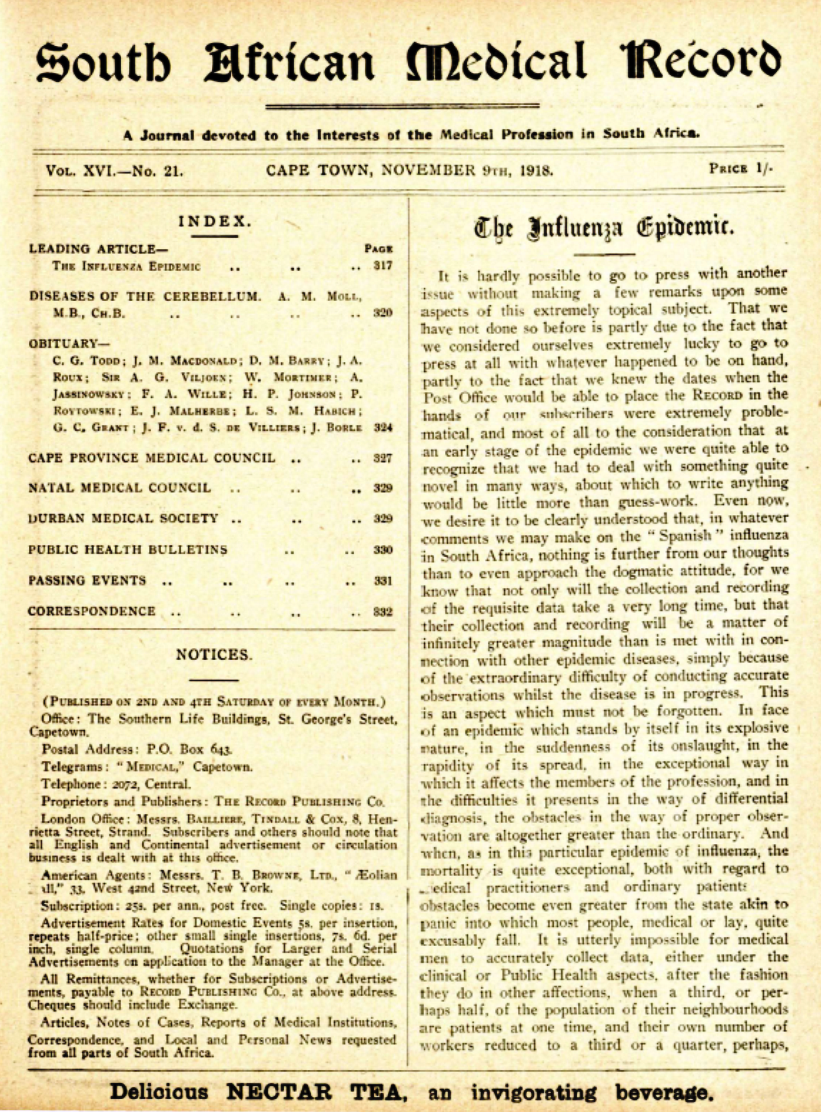 The leading article from the South African Medical Record of November 2018 regarding the Flu Epidemic