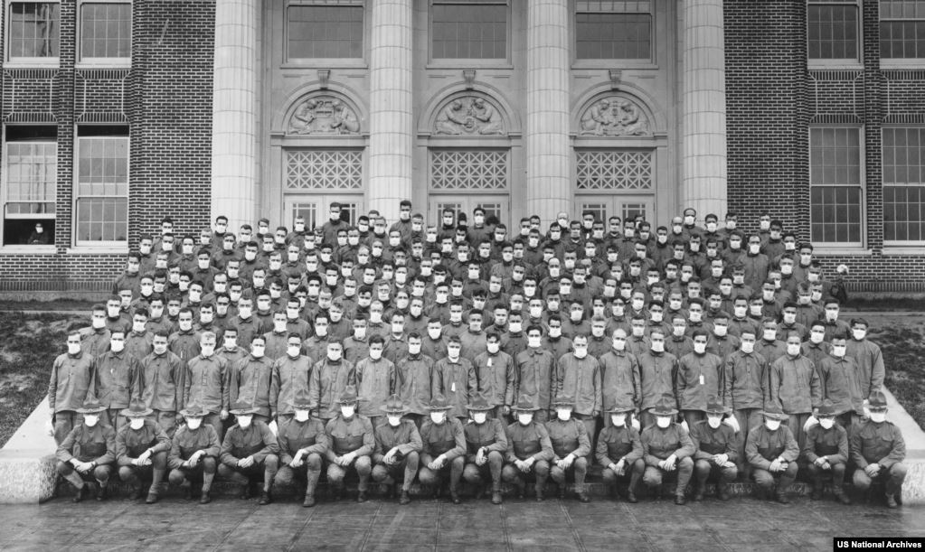 US Army Student Army Training corps members wearing "influenza masks", October 1918