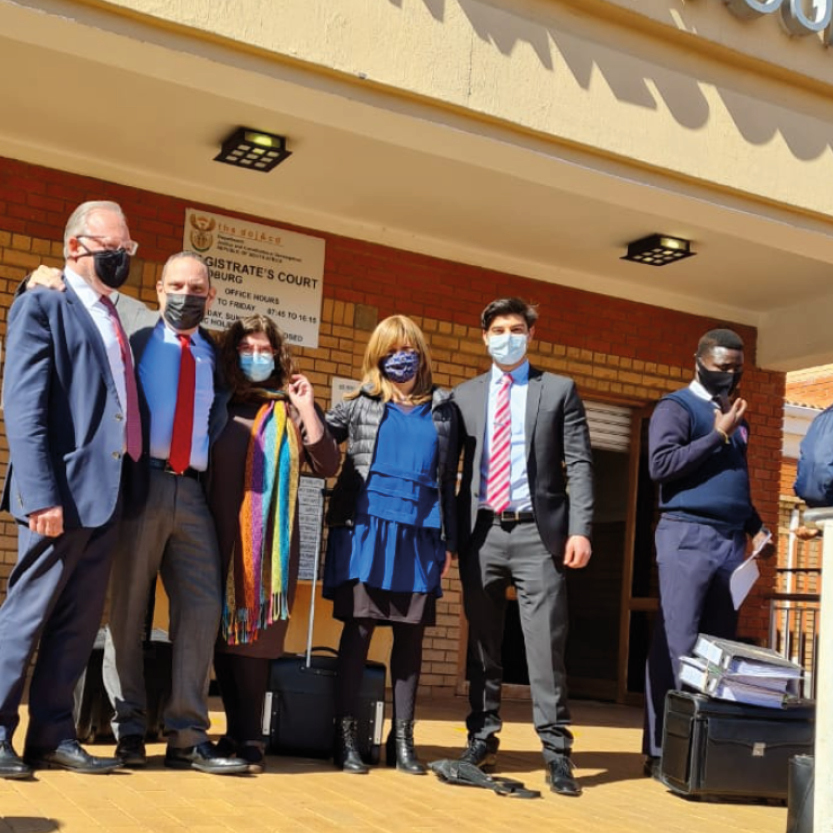 Pictured outside the court after the ruling are Advocate Laurence Hodes, Ian Levitt and Nick Kourie from Ian Levitt Attorneys, Prof Karen Milner and Wendy Kahn.