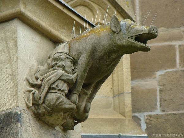 'Judensau' (folk art image of Jews in obscene contact with a large sow), Minster of Bad Wimpfen 