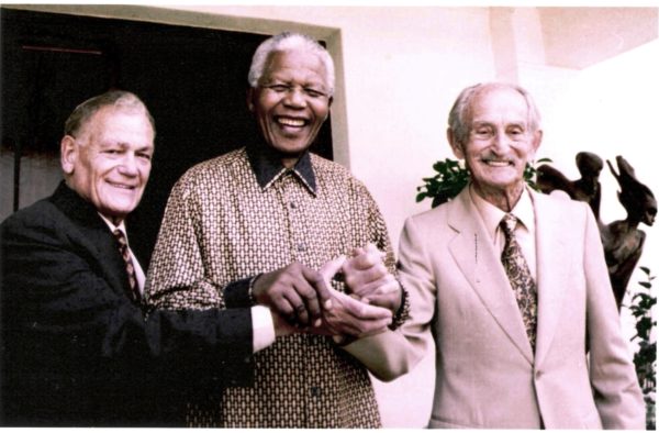 Nelson Mandela with former employer Lazar Sidelsky (right) and former fellow articled clerk and friend Nat Bregman, circa. 1994