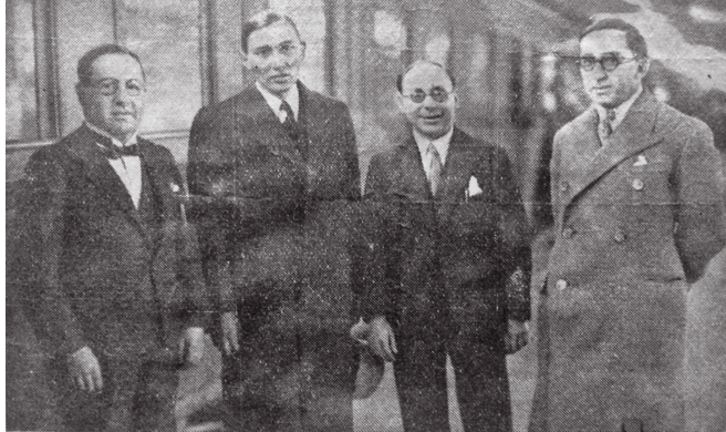 Arrival of Rabbi M C Weiler (Rand Daily Mail, 31.8.1933): From left, Dr Louis Freed, Rabbi Weiler, Jerry Idelson, Max Franks 